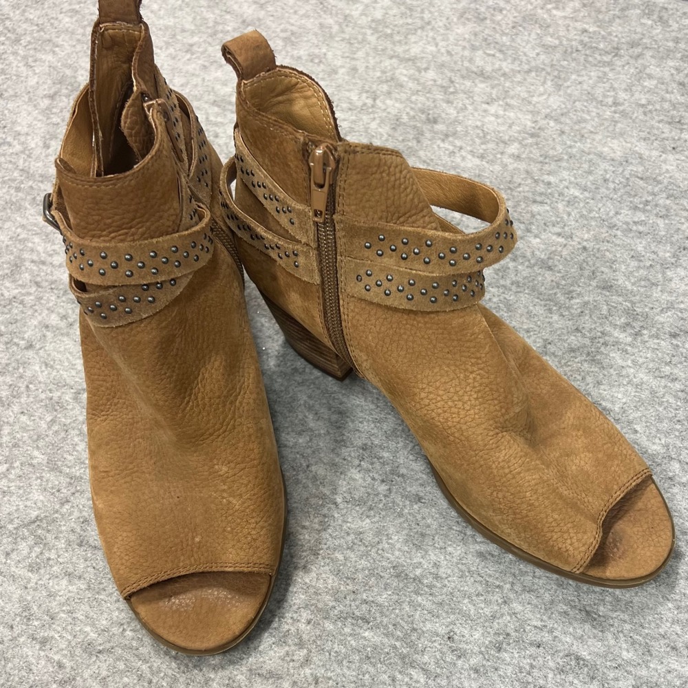 Lucky‎ Brand Tan Leather Studded Peep Toe Ankle Boots Stacked Block Heel 8M